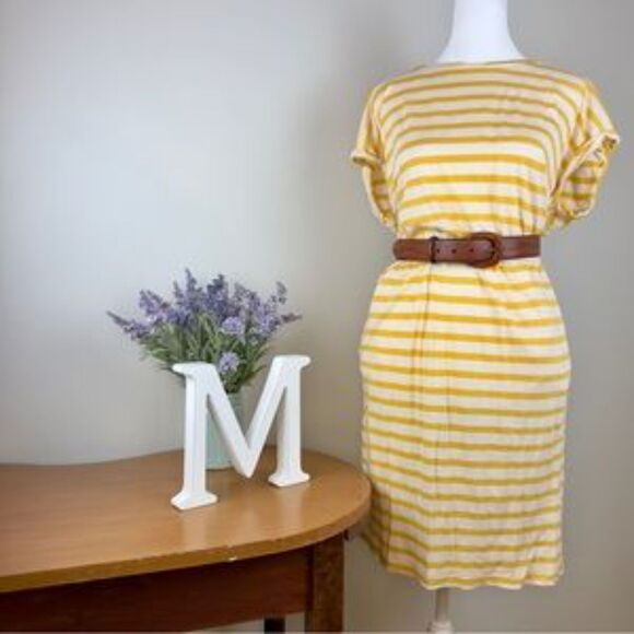 H&M Yellow and White Striped Jersey Dress - Elastic Waist - Size Medium - Picture 1 of 12